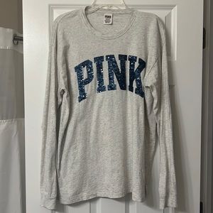 Victoria’s Secret Pink, heathered light gray t-shirt w/ blue sequin logo, size L